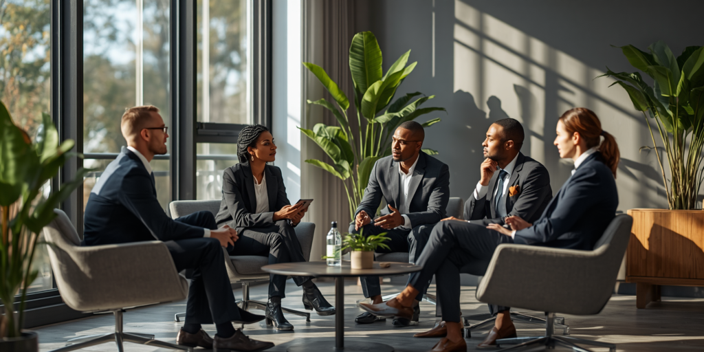 Five professionals in suits sit in a sunlit, plant-filled office, engaged in a group discussion around a low table.