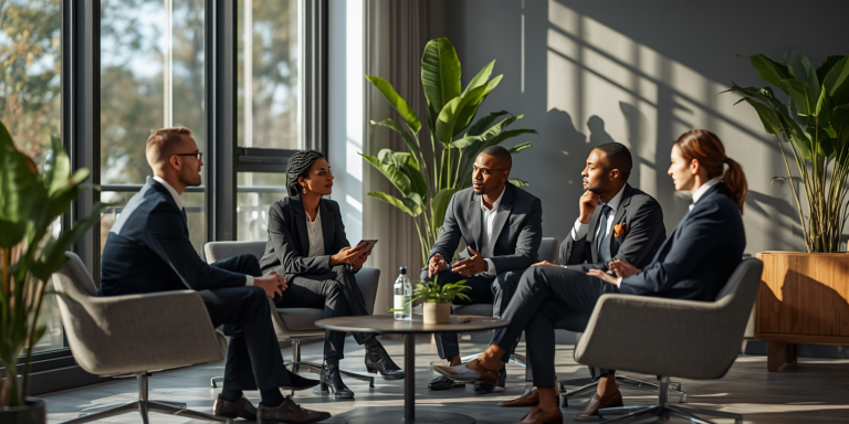 Five professionals in suits sit in a sunlit, plant-filled office, engaged in a group discussion around a low table.