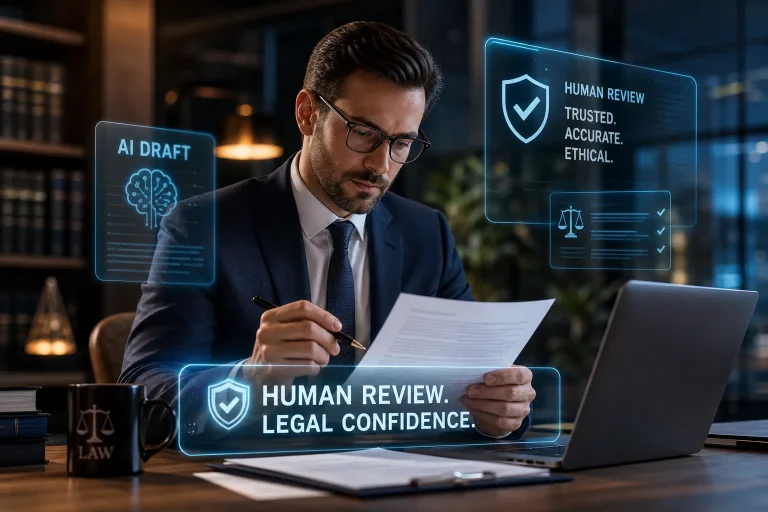 Lawyer in a suit reviews documents at a desk with glowing holographic panels labeled AI DRAFT and HUMAN REVIEW: LEGAL CONFIDENCE.