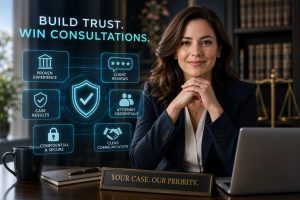 Professional woman at desk with a holographic grid of legal trust icons: proven experience, client reviews, case results, attorney credentials, confidential & secure, clear communication, shield check.