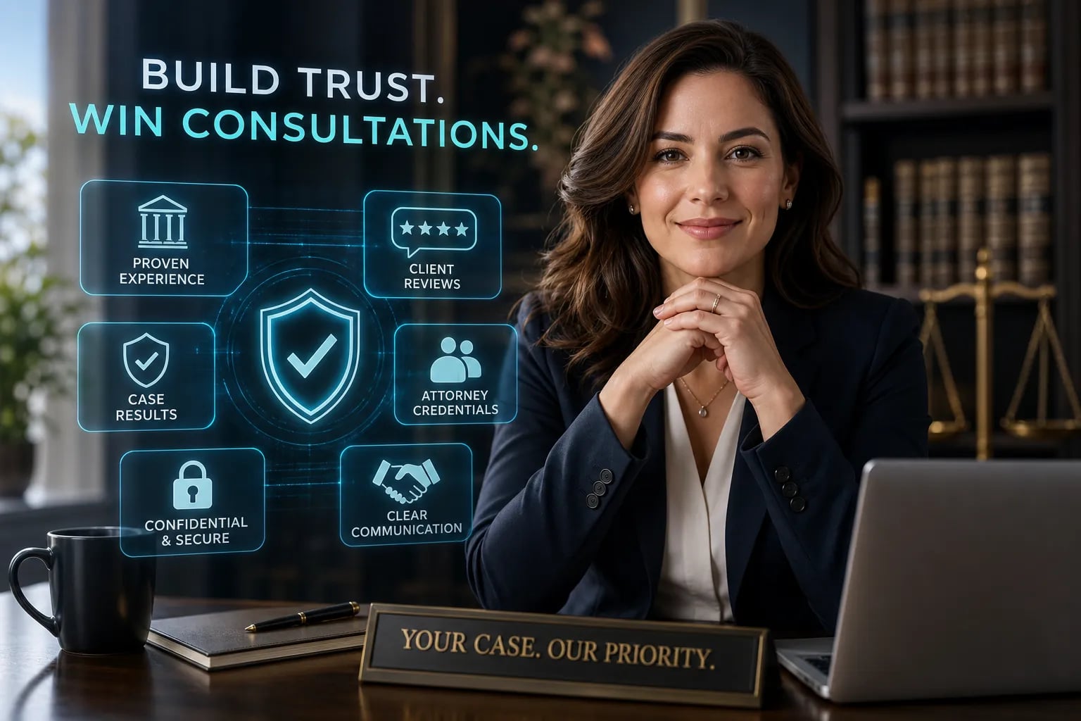 Professional woman at desk with a holographic grid of legal trust icons: proven experience, client reviews, case results, attorney credentials, confidential & secure, clear communication, shield check.