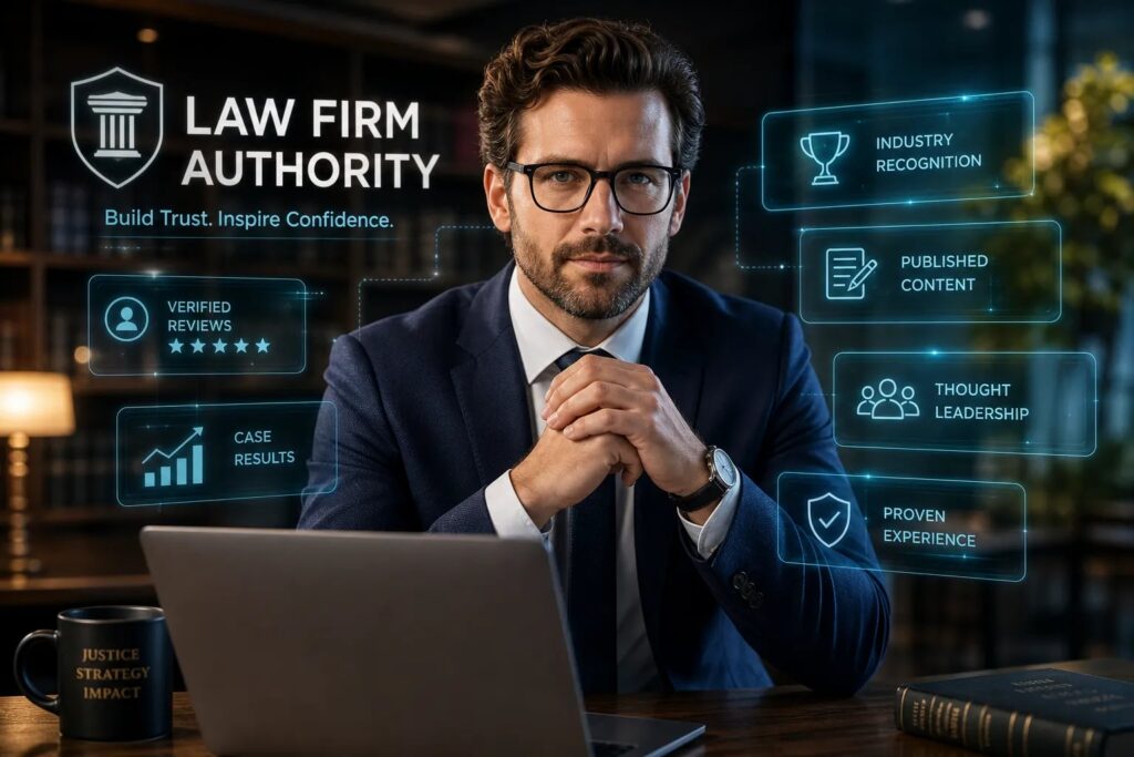 Professional man in a navy suit and glasses sits at a desk, with blue holographic panels displaying law firm credentials and achievements.