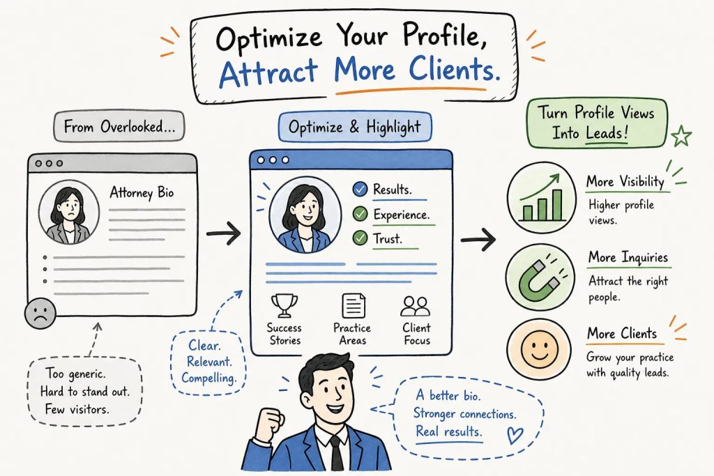 Infographic showing a three-step process to optimize a profile and attract clients: from overlooked bios to a results-focused profile and more leads, visibility, and inquiries.