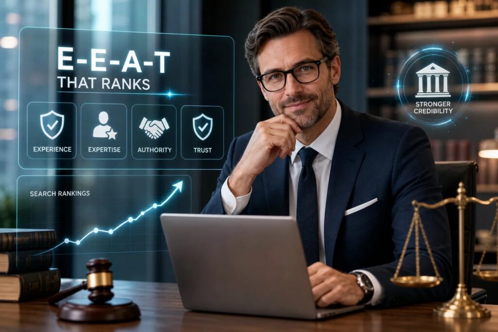 Professional man in a suit with holographic E-E-A-T elements and a rising search rankings chart, symbolizing credibility and expertise.