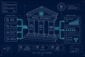 Blueprint-style illustration of a 'Digital Authority' temple with pillars labeled Visibility, Trust, and Credibility, connected to left-side inputs (Content Strategy, SEO Optimization, Reputation Building, Technical Foundation) and right-side outcomes (Search Visibility, Trust & Reputation, Quality Leads); timeline shows 90 days and phases Foundation, Execution, Growth.