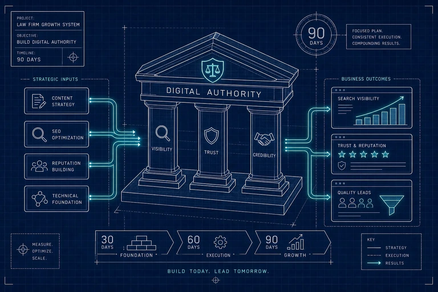 Blueprint-style illustration of a 'Digital Authority' temple with pillars labeled Visibility, Trust, and Credibility, connected to left-side inputs (Content Strategy, SEO Optimization, Reputation Building, Technical Foundation) and right-side outcomes (Search Visibility, Trust & Reputation, Quality Leads); timeline shows 90 days and phases Foundation, Execution, Growth.