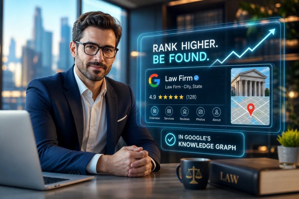 Businessman in a suit beside a laptop with a futuristic holographic panel displaying a law firm’s Google Knowledge Graph and map icon.