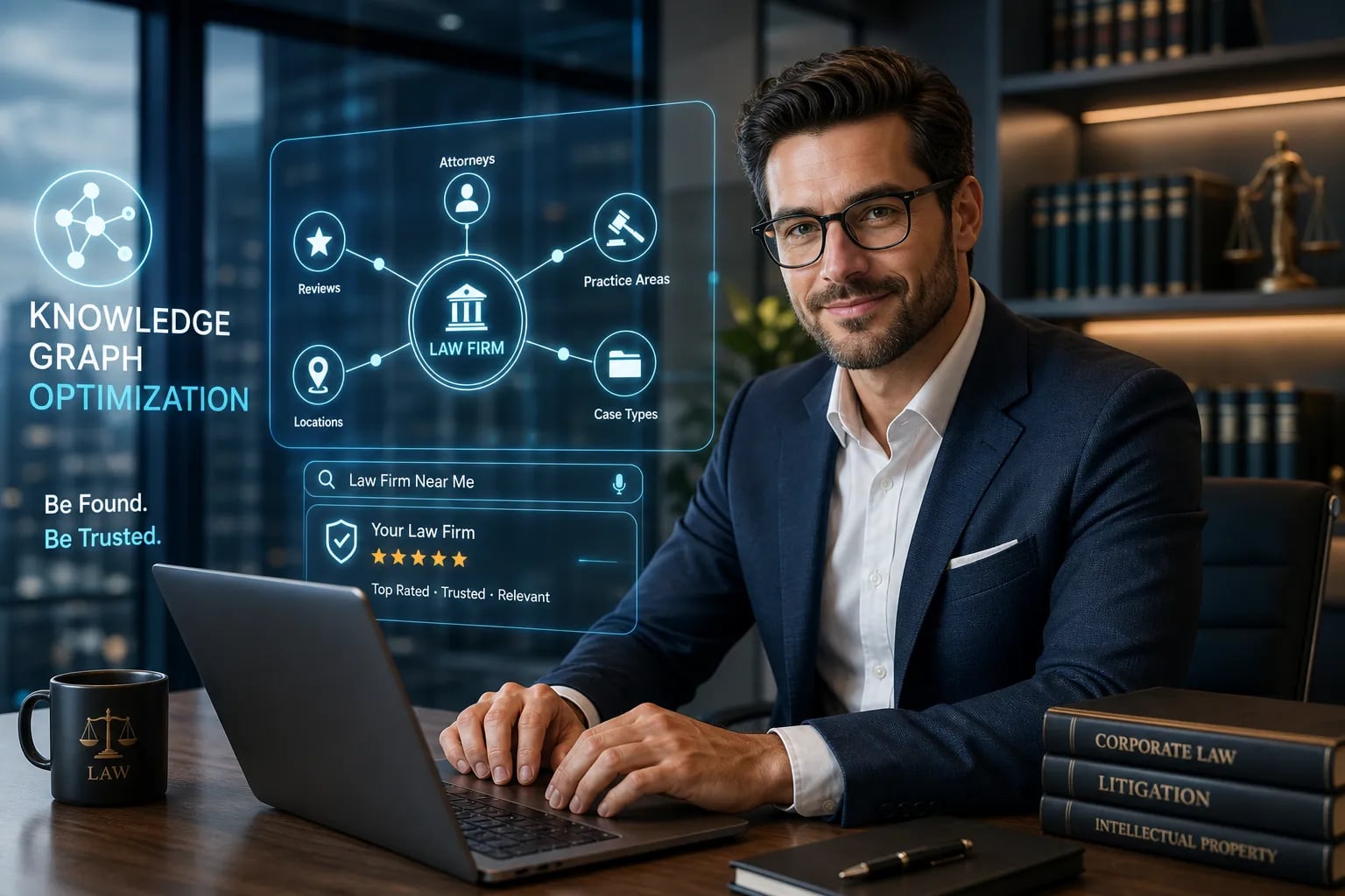 Lawyer in a suit working at a laptop with a glowing holographic knowledge graph about a law firm beside him.