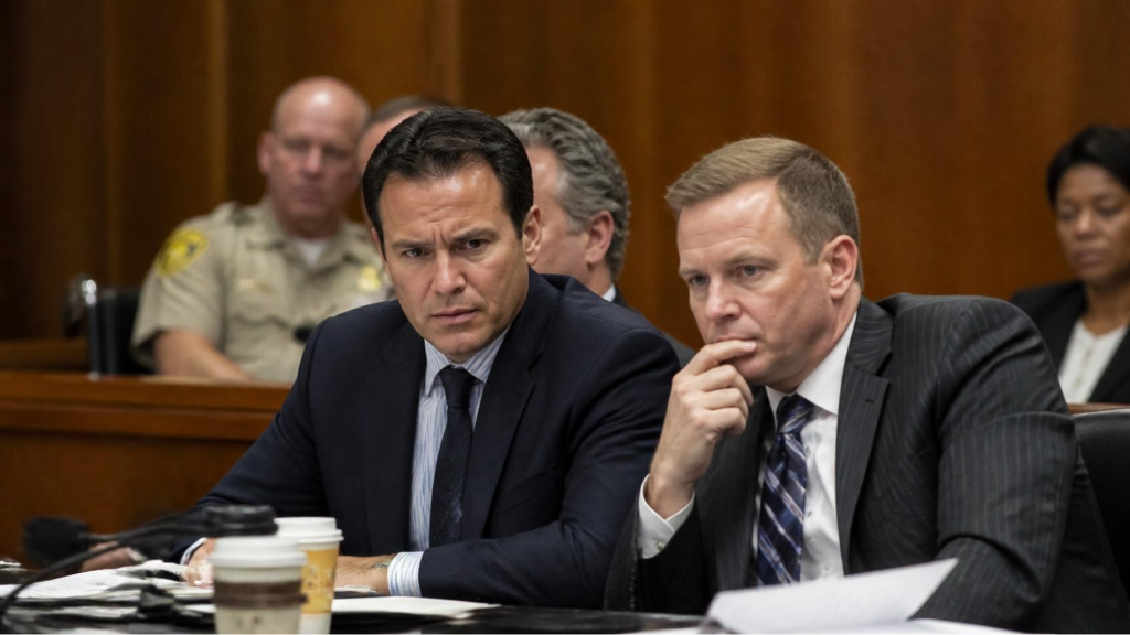Two men in dark suits sit at a wooden table, serious faces, coffee cups and papers in front.