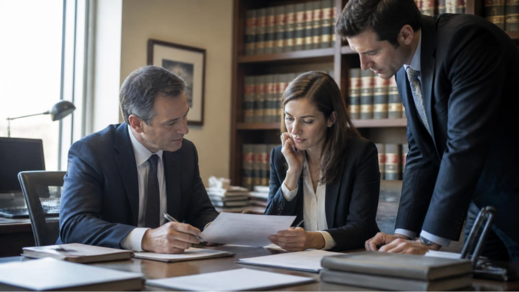Three professionals in suits review documents at a conference table in a law office, with legal books on the shelf behind them.