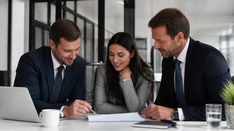 Three business colleagues in suits review documents at a conference table, with a laptop and coffee mug nearby in a modern office.