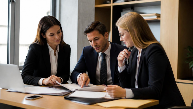 Three professionals in suits review documents around a conference table in a bright office scene with a laptop nearby.