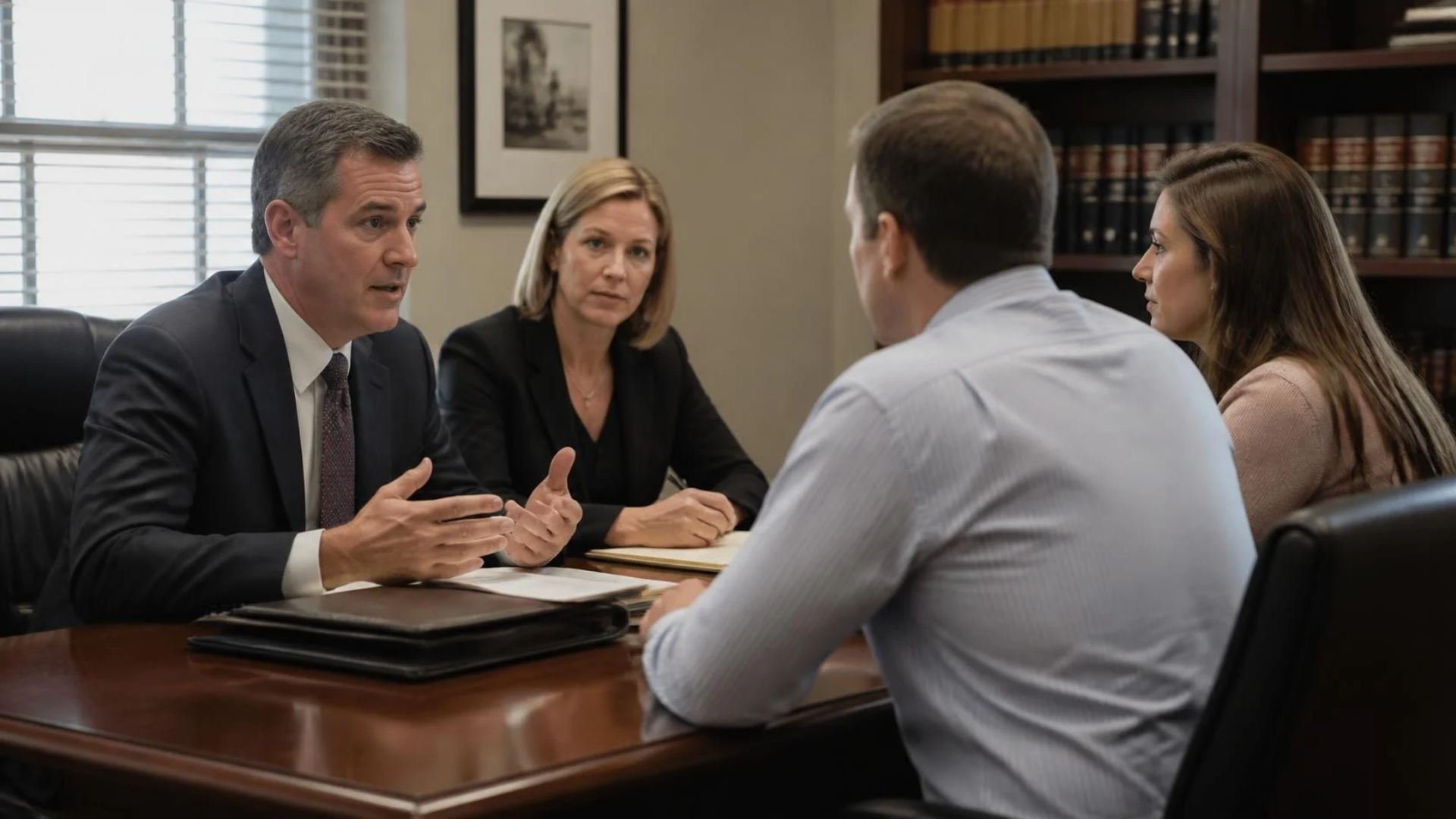Four professionals sit around a polished conference table in a formal office, engaged in a discussion.