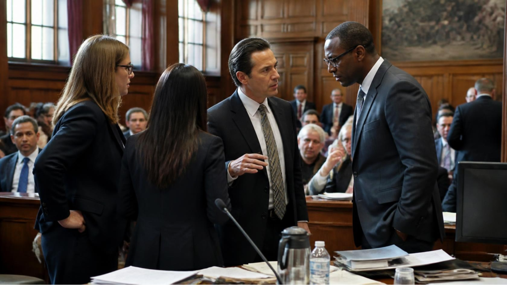 Three professionals in dark suits converse at a wooden conference table in a formal courtroom setting, with attendees in the background.