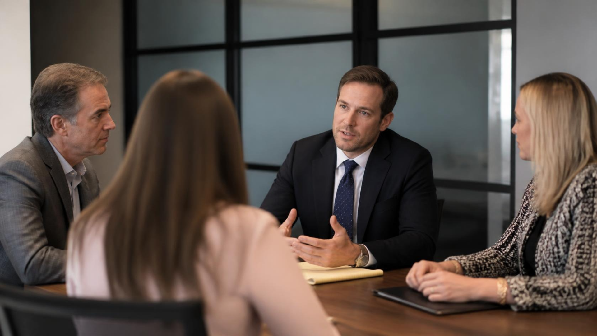 Four professionals in a conference room, a man in a navy suit speaking while others listen at the table.