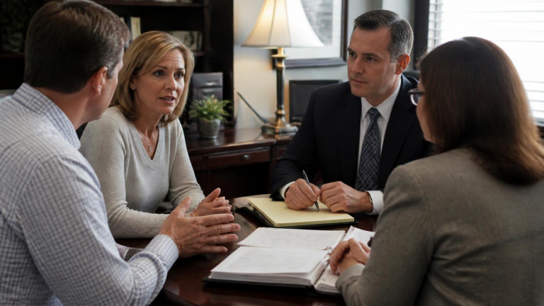 Four professionals sit around a wooden conference table in an office, discussing documents laid out on the table.