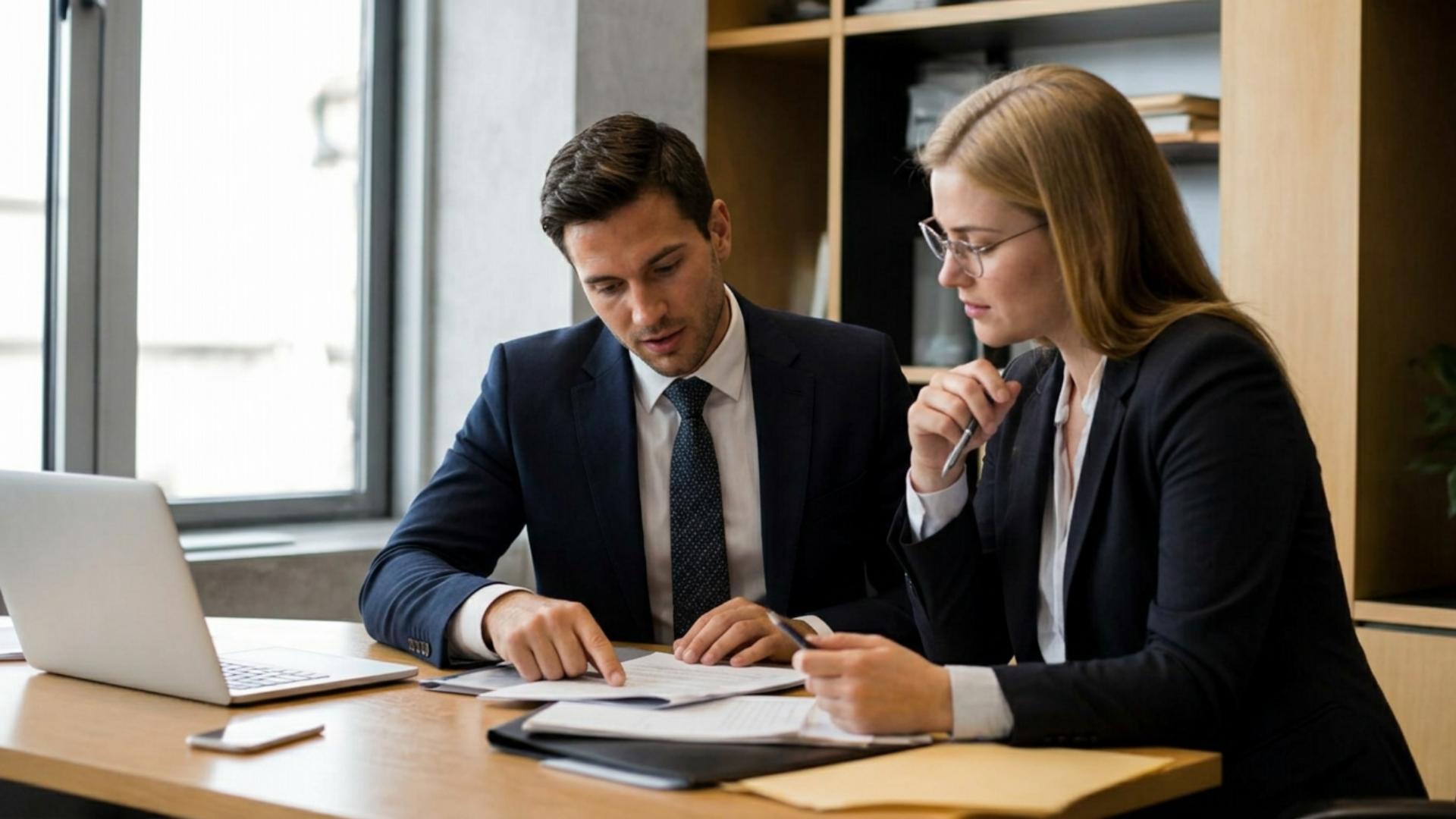 Two professionals in business attire review documents at a desk with a laptop open beside them.