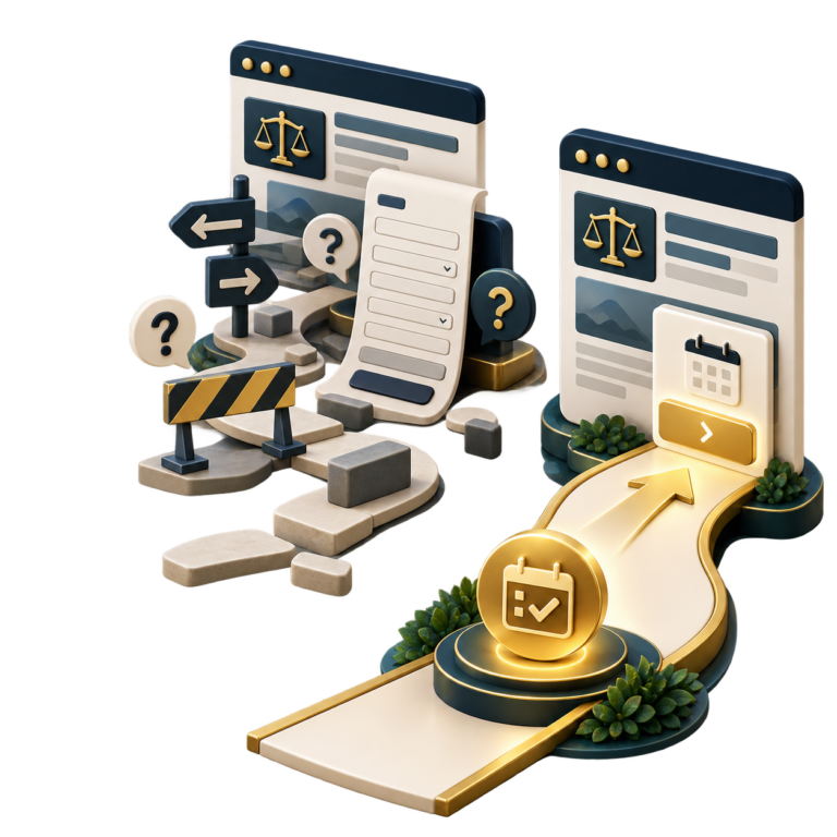 Isometric scene showing a legal process journey with scales of justice, signposts, and a winding path to a checkmark on the horizon.