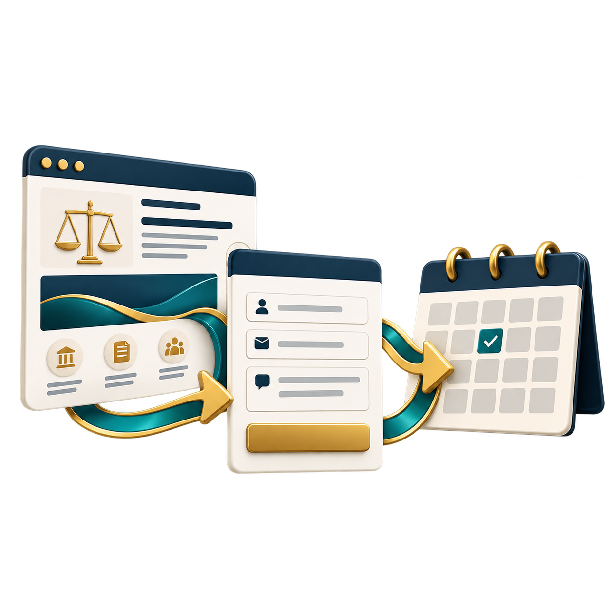 3D icons of a legal scales document, a form, and a calendar connected by teal and gold arrows, symbolizing workflow scheduling