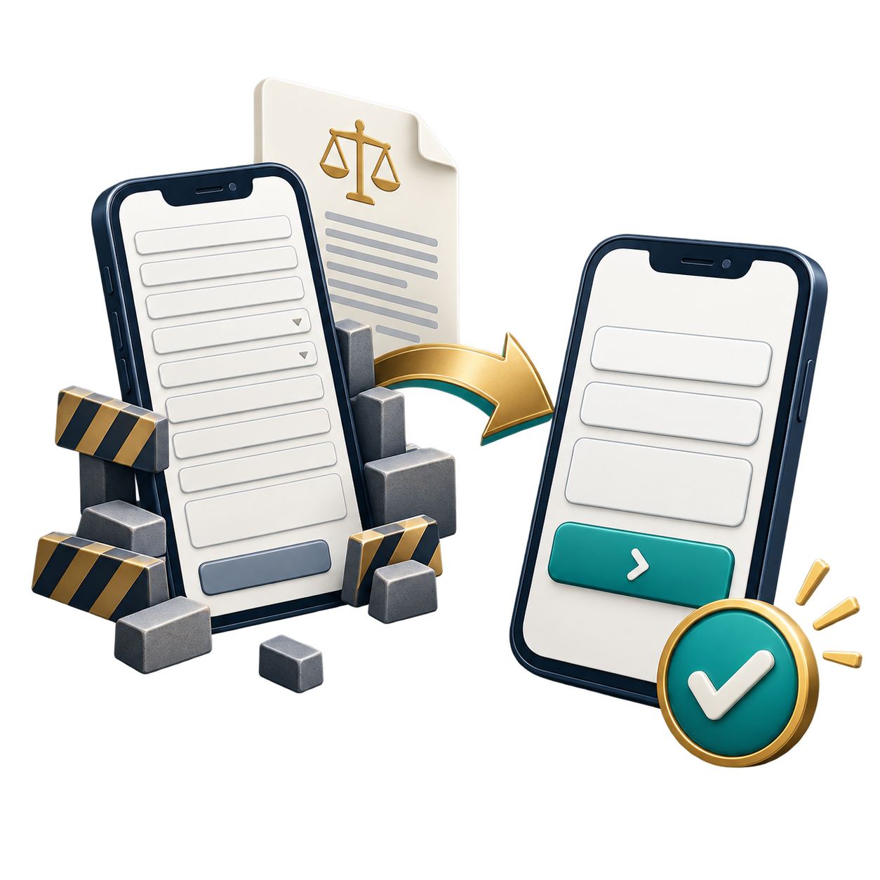 Two smartphones with form-like screens alongside a legal document and construction blocks, symbolizing mobile contract work or approval workflow