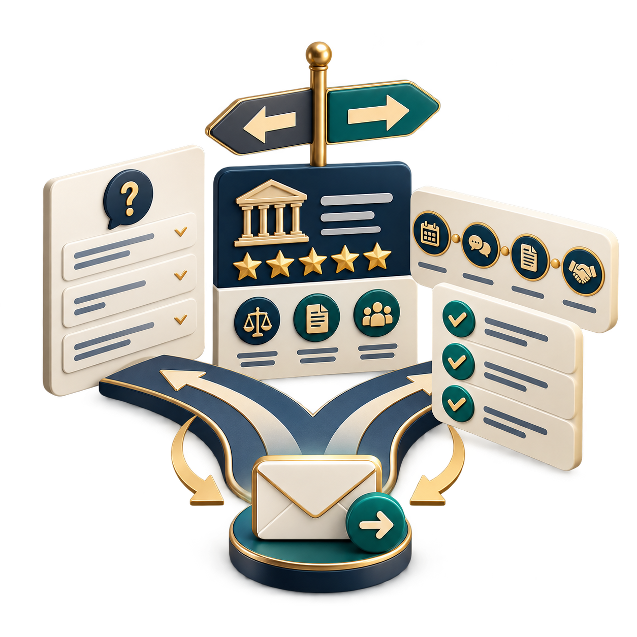 3D infographic showing left/right signposts above a bank/government icon, checklists, and an envelope at the base (decision flow).