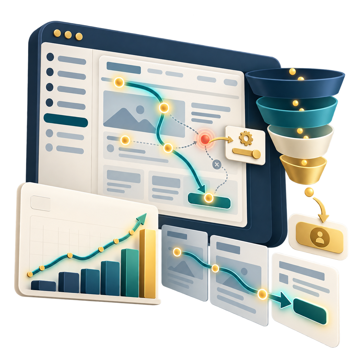 Isometric illustration of a data dashboard with a flowchart, funnel chart, and rising graphs on a large screen with panels and cards behind it.