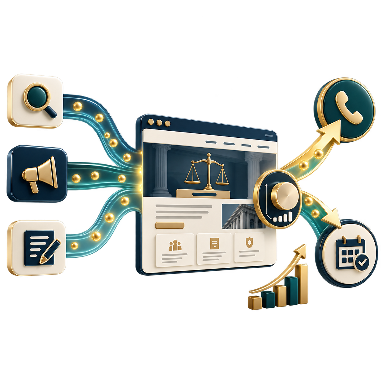 3D tablet UI with a scales-of-justice icon surrounded by connected service icons (calendar, chart, pen) on golden teal ribbons, symbolizing digital legal services.