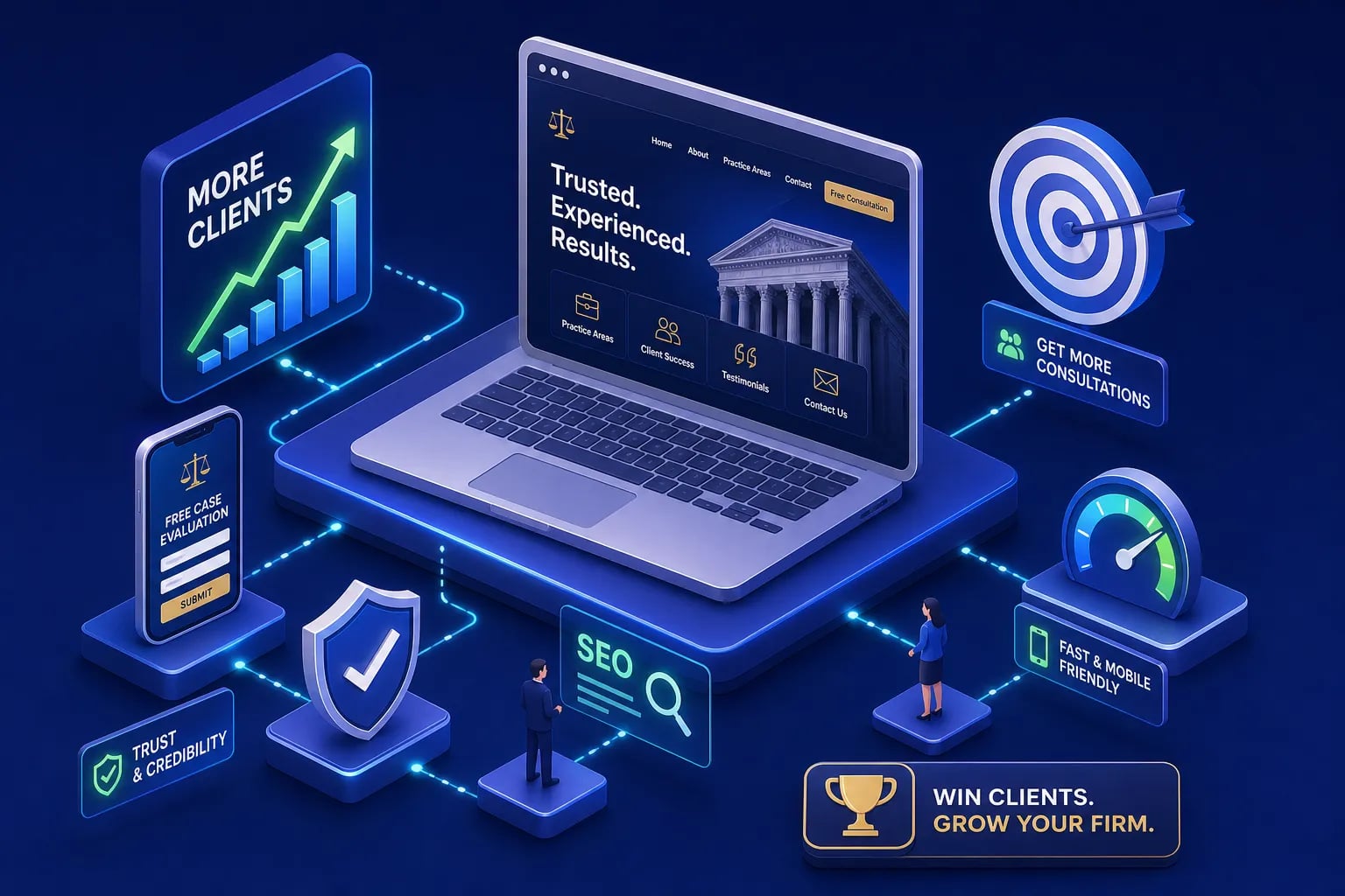 Isometric marketing scene with a laptop at center on a glowing platform, surrounded by a rising graph, target, and SEO/consultation icons.