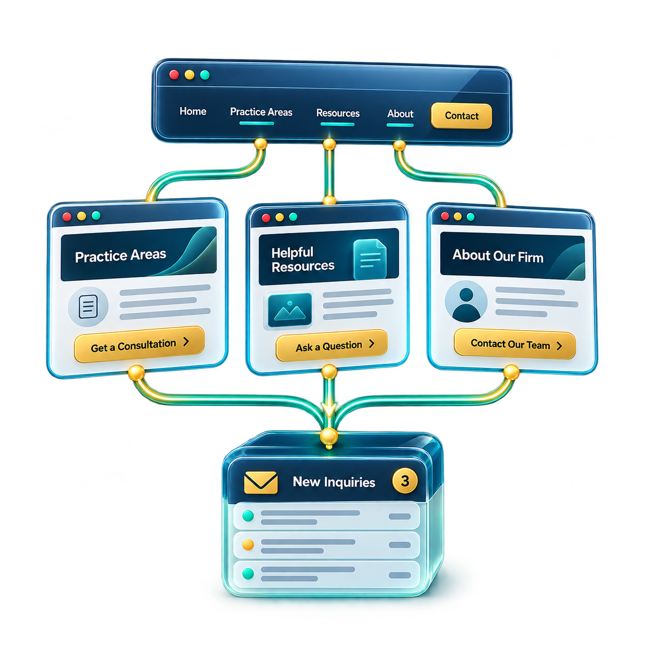 Diagram of a website workflow with three panels—Practice Areas, Helpful Resources, About Our Firm—connected from a top navigation to a bottom New Inquiries box.