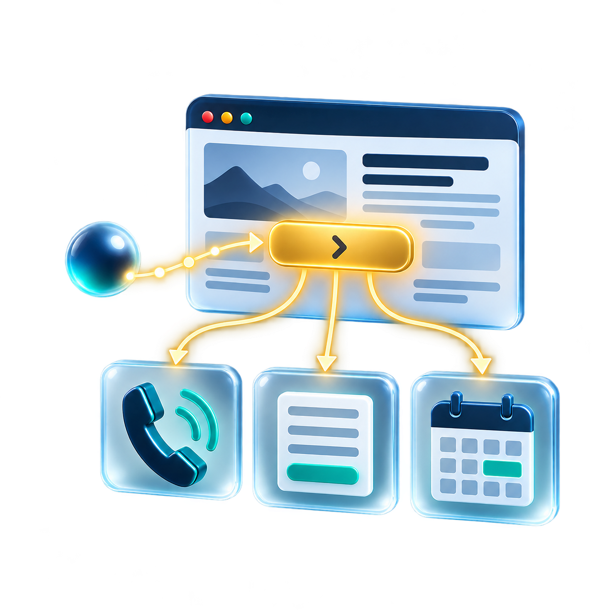 Central control panel routing to phone, notes/documents, and calendar icons (communication hub)