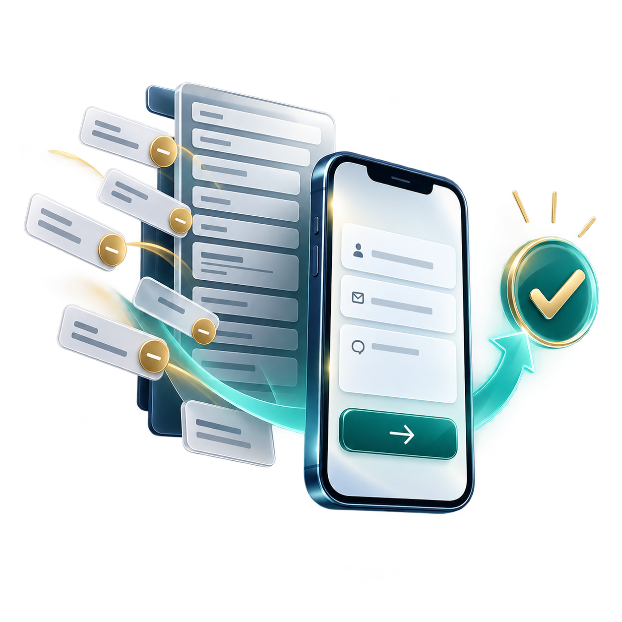 Illustration of a smartphone and a tablet with flowing data entries and a green checkmark, symbolizing data sync and form submission.