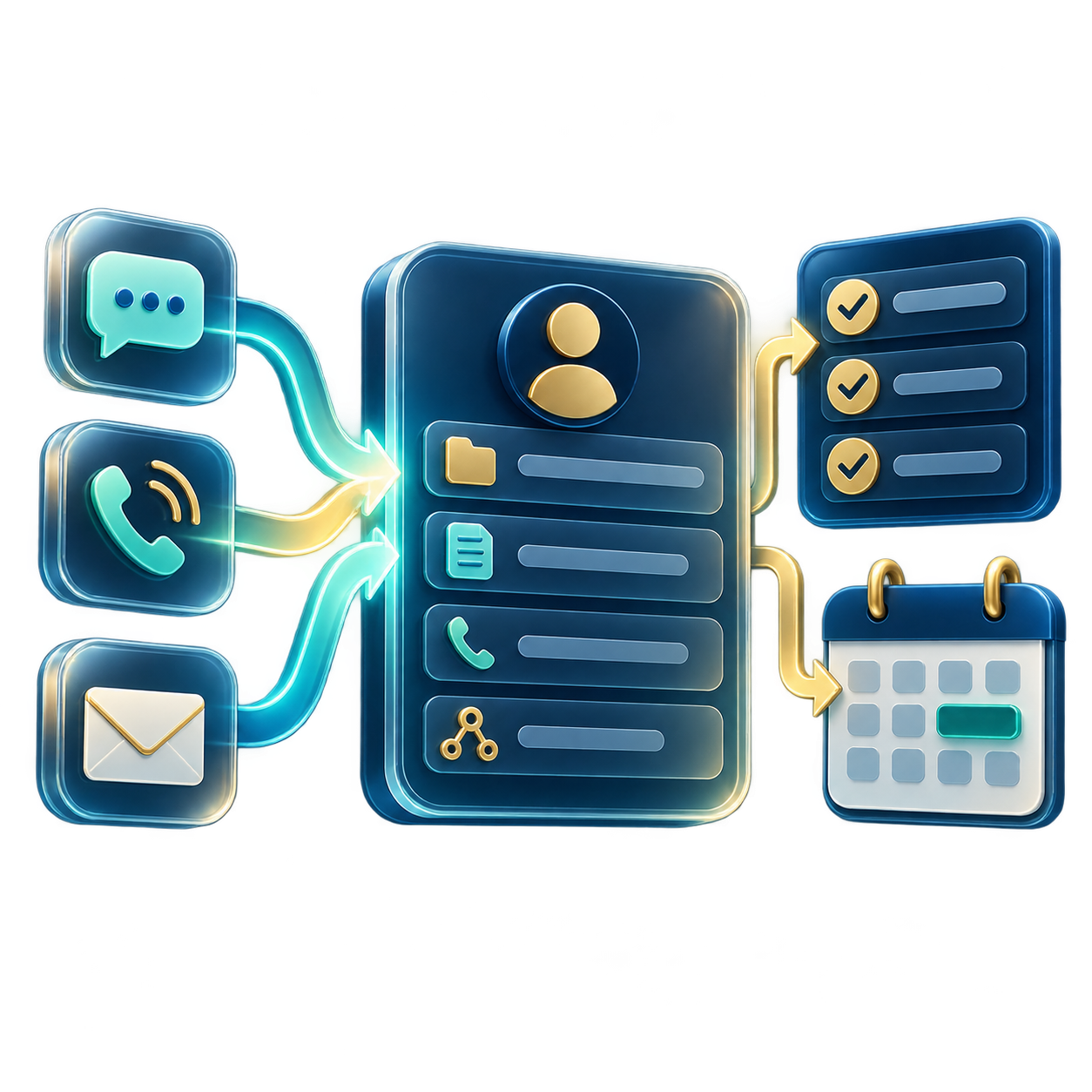 3D illustration of a user profile card connected to chat, phone, and email icons, feeding into a central resume and a calendar.