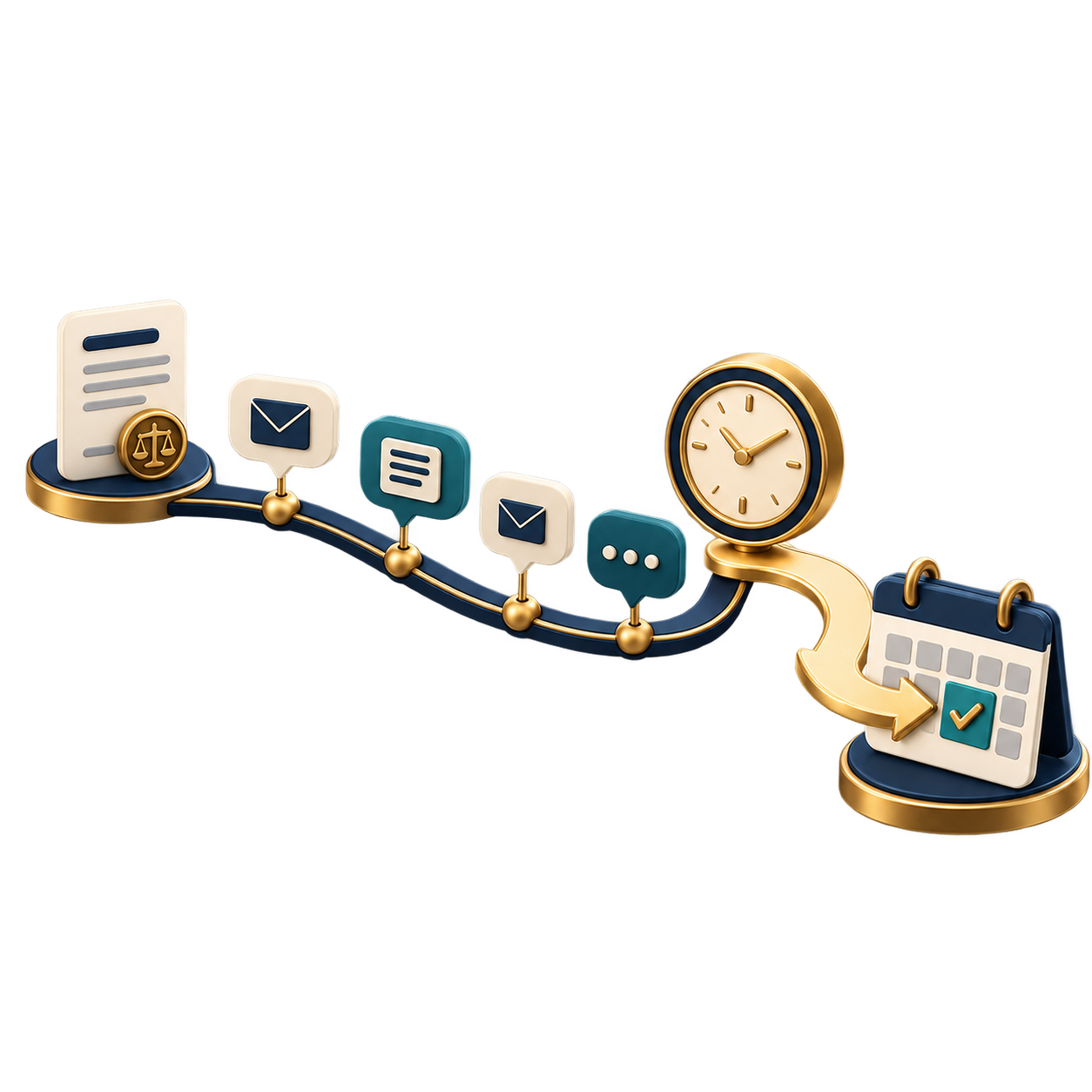 Illustrated timeline with documents, messages, a clock, and a calendar, depicting workflow and scheduling.