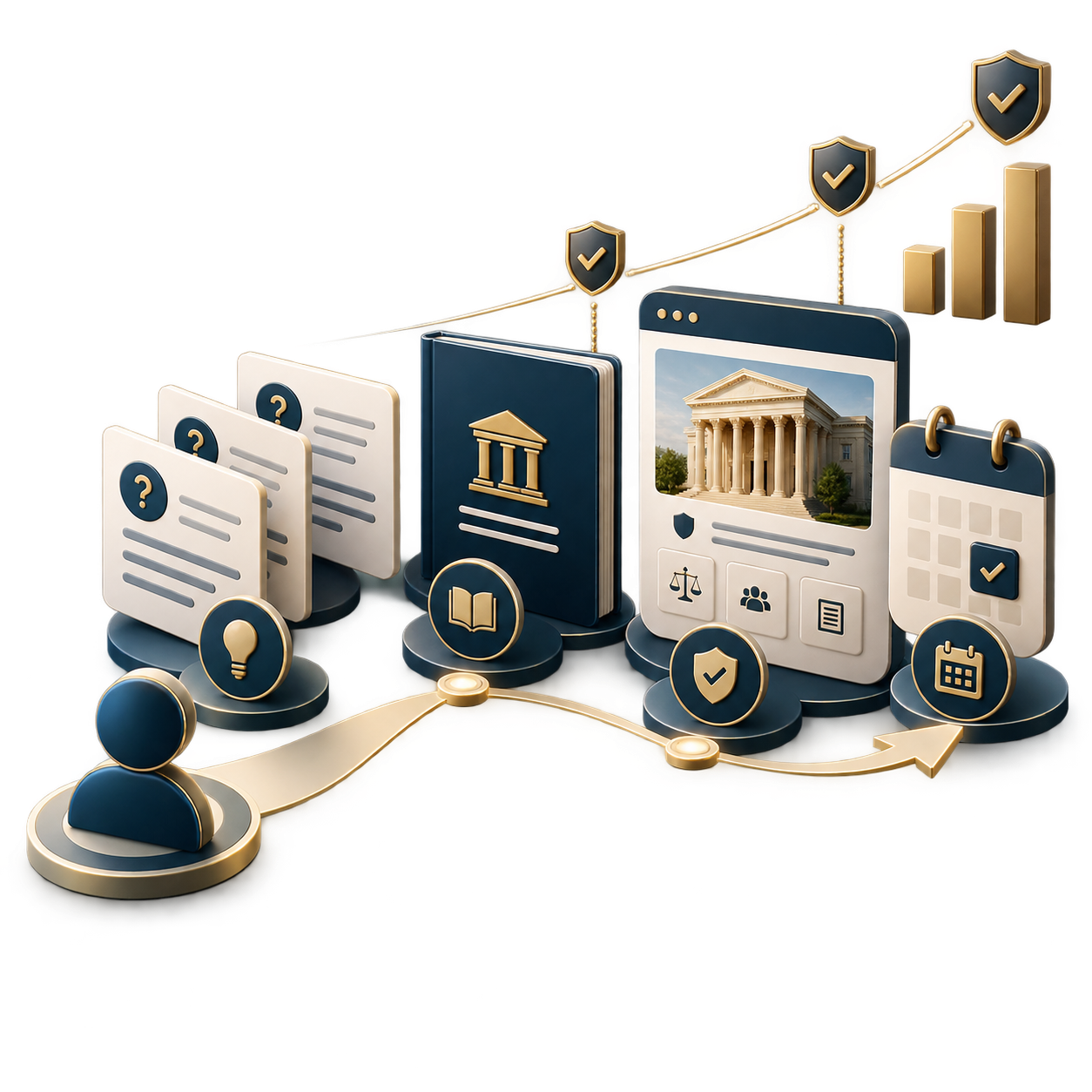 Isometric illustration of legal documents, a government-building book, a calendar, and security shields with check marks