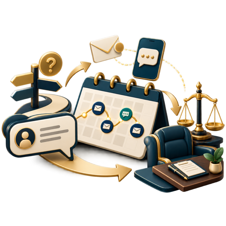 Whimsical business/legal scene with a calendar, chat icons, envelopes, scales of justice, and a desk with documents.