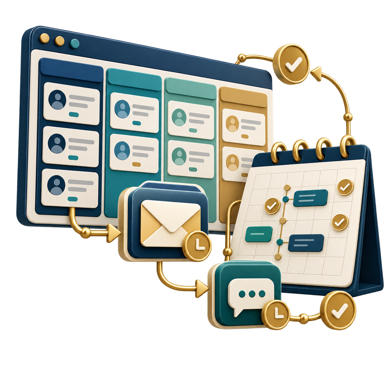 3D illustration of a project planning workspace with a calendar, task cards, envelope, and chat bubble
