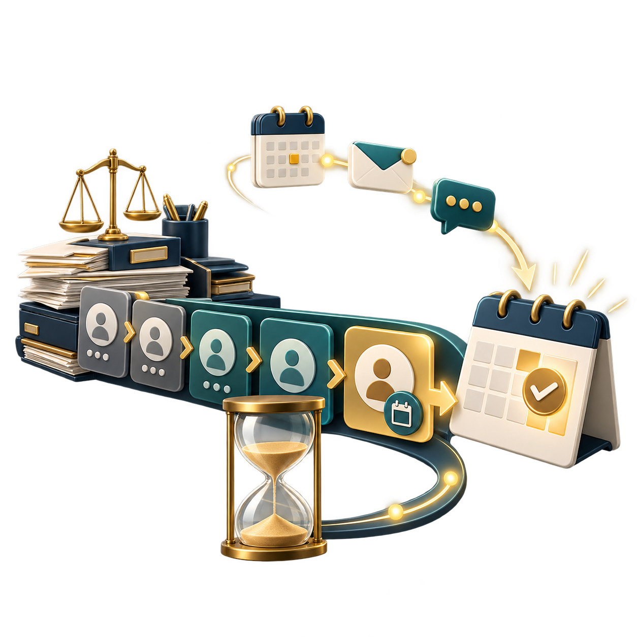 Illustration of a business workflow with scales, stacked documents, timeline cards, a calendar, and an hourglass to show scheduling and processes.