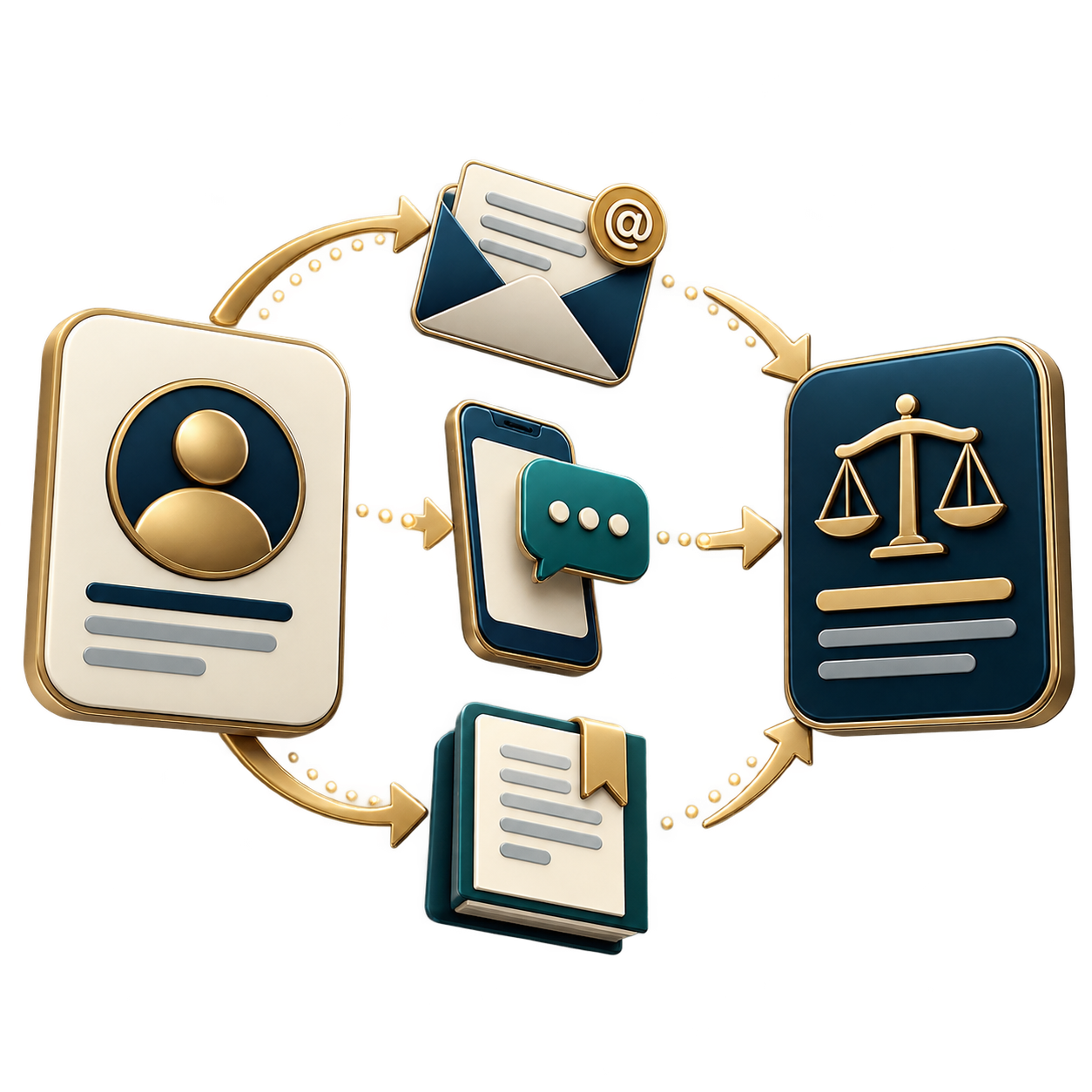 Illustration of a circular information flow between a user profile, email, chat, legal document, and a scales icon—concept of data/workflow exchange in a system.