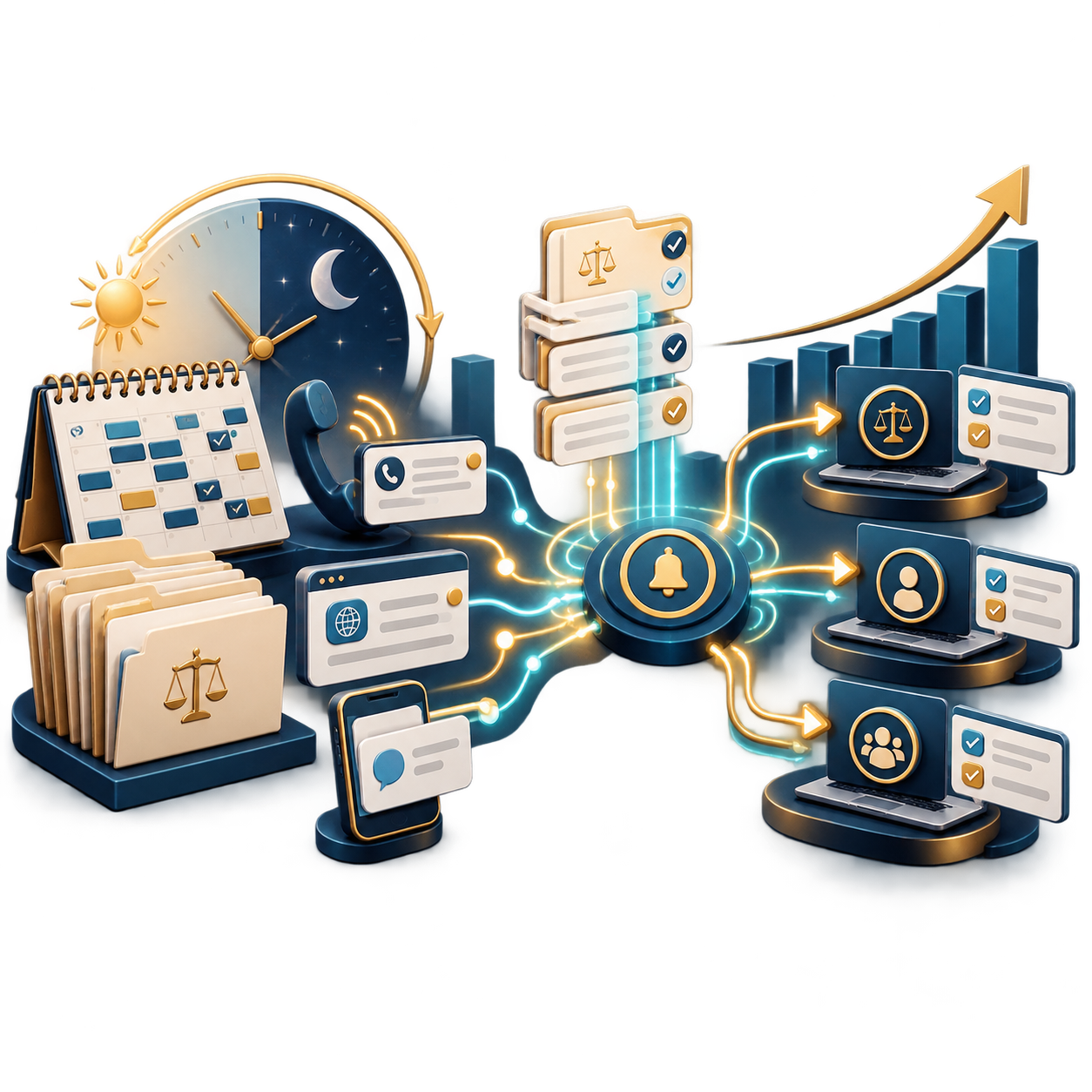 Isometric illustration of an interconnected data workflow: clocks, calendars, folders, and multiple devices linked by glowing lines and a rising bar chart in the background.