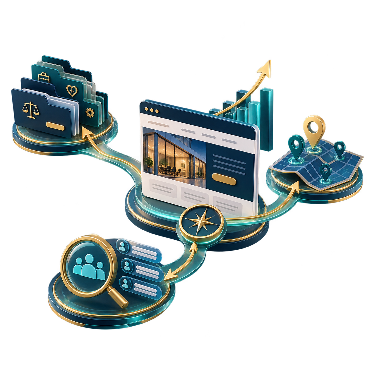 Isometric illustration of a digital workflow: stacked folders, a website mockup, a rising chart, and a map with pins guiding growth.