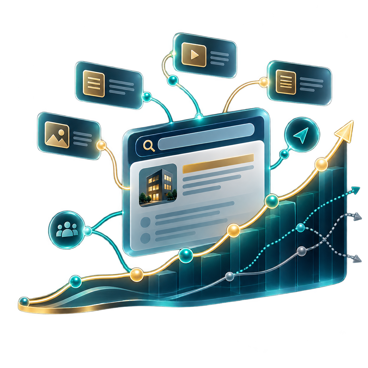 Futuristic data dashboard with a rising trend line, connected information cards, and bar graphs on a blue chart background.