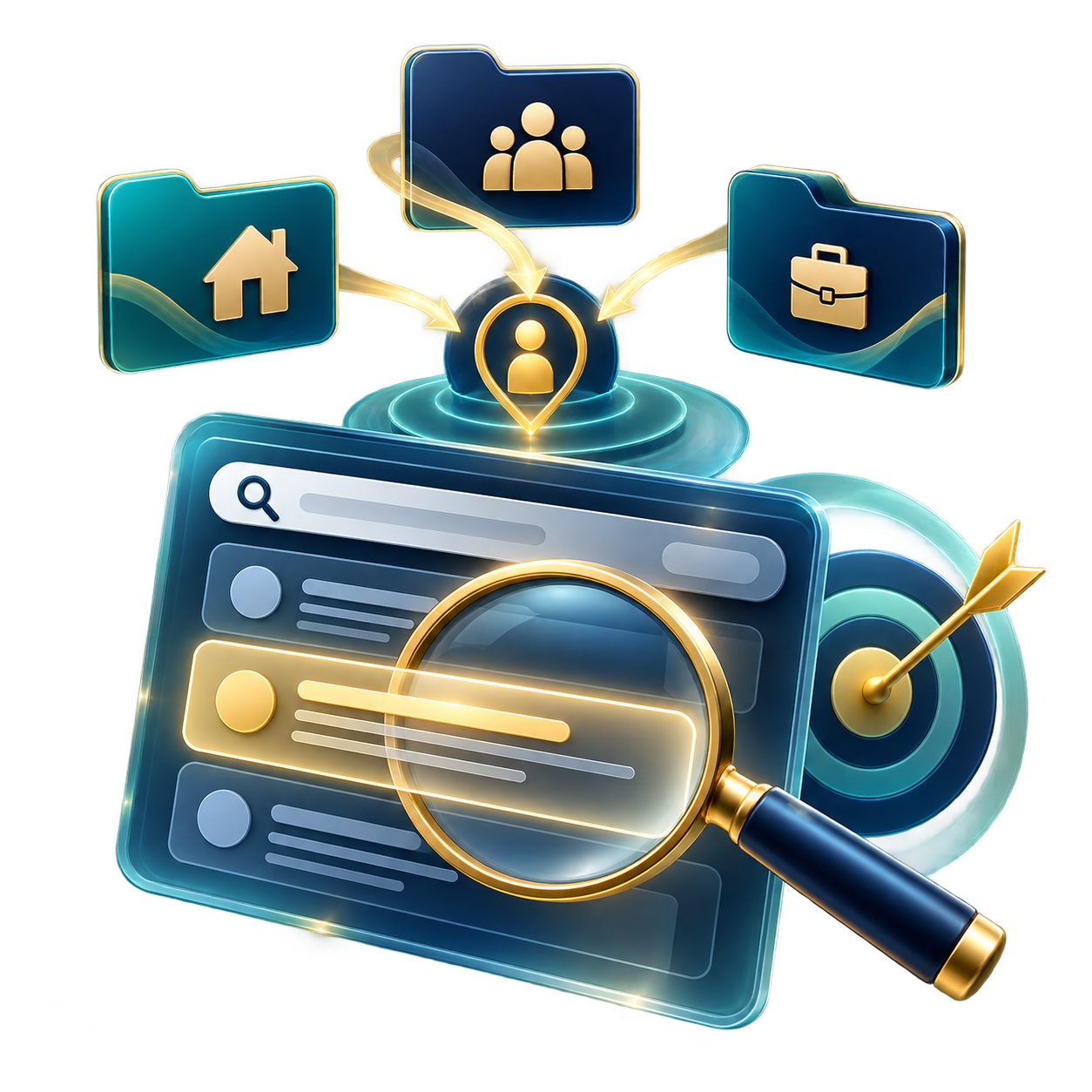 Digital marketing concept: a search interface with a magnifying glass, target, and icons for home, people, and briefcase representing user targeting and navigation.
