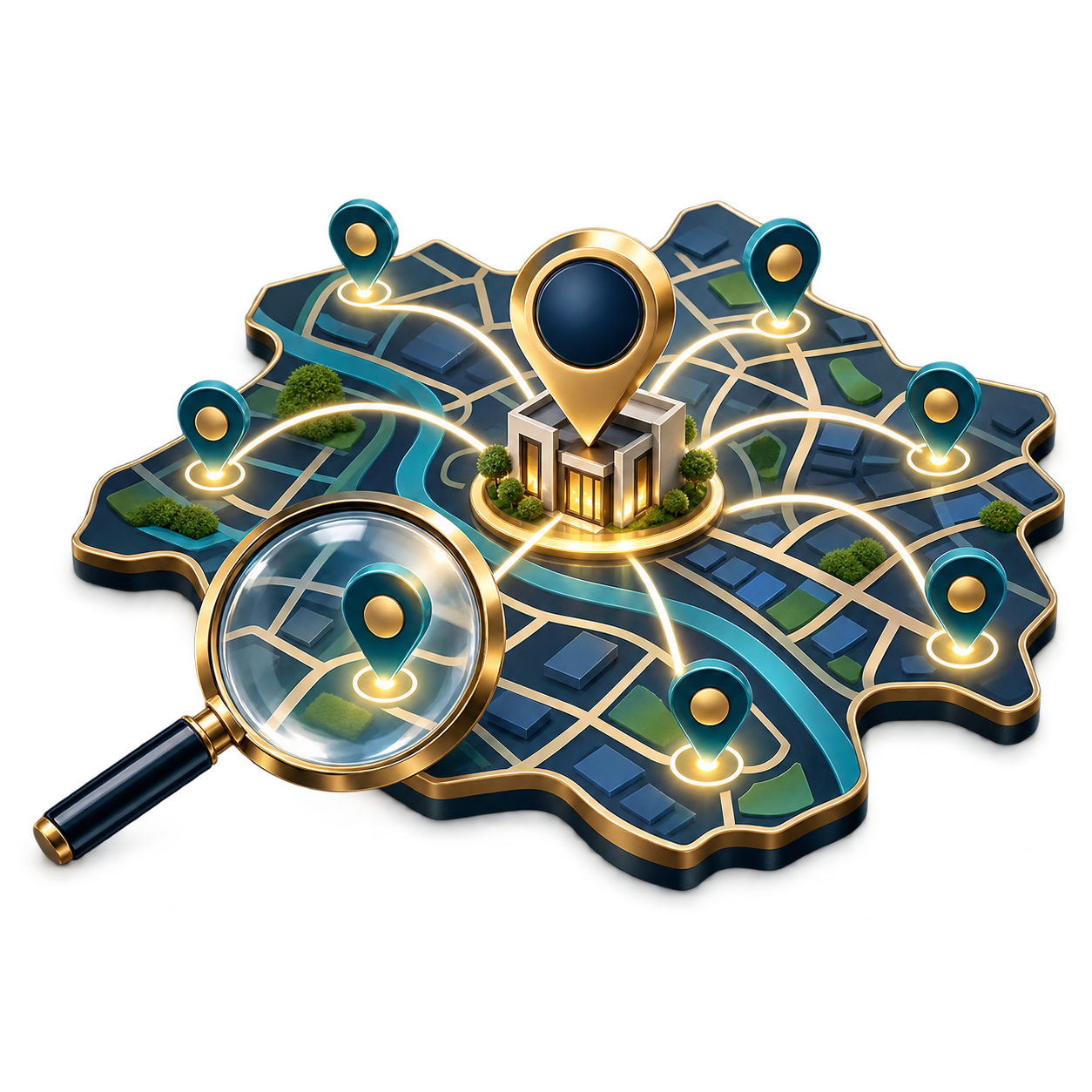 Stylized city map with glowing location pins connected by routes around a central building