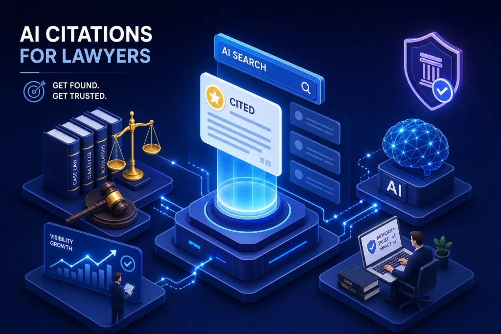 Futuristic isometric scene: AI search banner, cited document, scales of justice, books, gavel, and a lawyer at a laptop.