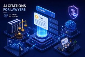 Futuristic isometric scene: AI search banner, cited document, scales of justice, books, gavel, and a lawyer at a laptop.