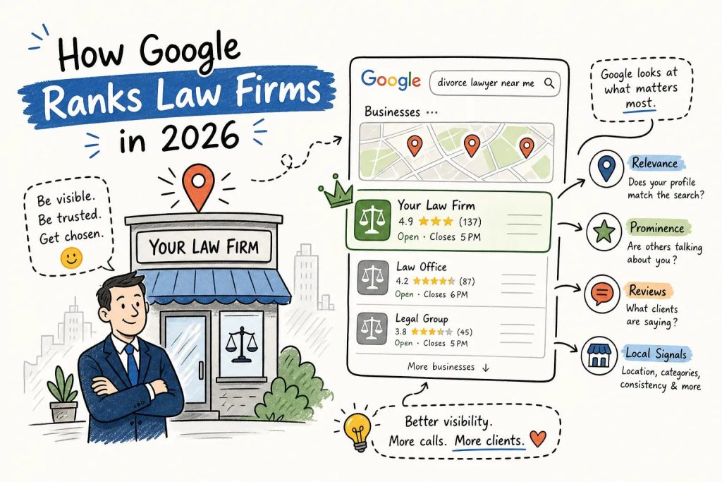 Infographic showing how Google ranks law firms in 2026, with a storefront, a lawyer, a Google search result card, map pins, and icons for relevance, prominence, reviews, and local signals.
