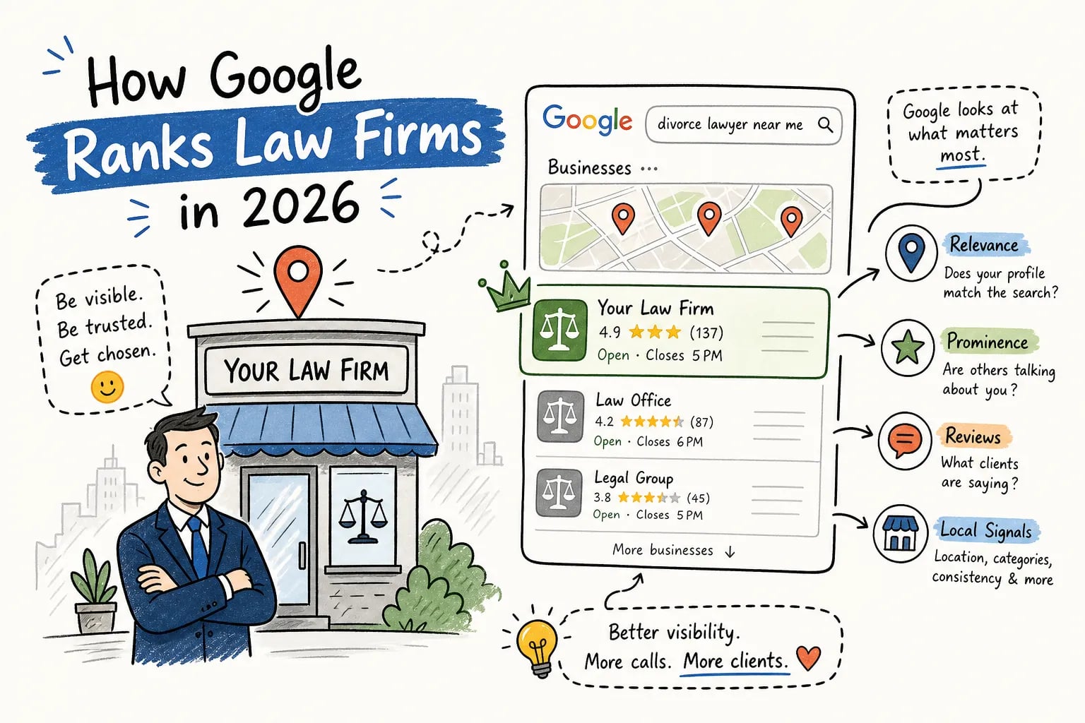 Infographic showing how Google ranks law firms in 2026, with a storefront, a lawyer, a Google search result card, map pins, and icons for relevance, prominence, reviews, and local signals.