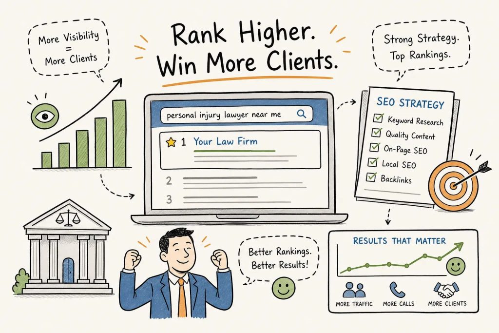 Infographic about improving online visibility for lawyers: laptop search results, SEO checklist, rising bar chart, courthouse, and a celebrating attorney with a results graph.