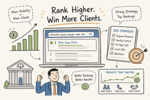 Infographic about improving online visibility for lawyers: laptop search results, SEO checklist, rising bar chart, courthouse, and a celebrating attorney with a results graph.