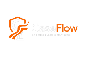 CaseFlow logo with an orange abstract swoosh and a white column shield beside the CaseFlow wordmark | Thrive Search | Thrive Search
